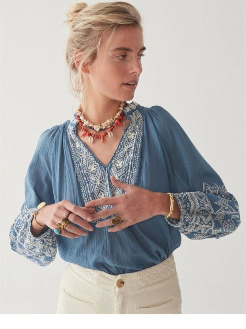 Maison Hotel Jules Blue Embroidered Peasant Blouse with Tassel Tie XS